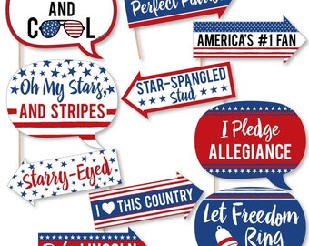 Funny Stars and Stripes - Memorial Day, 4th of July and Labor Day USA Patriotic Party Photo Booth Props Kit - 10 Piece