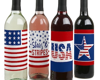 Stars and Stripes - Memorial Day, 4th of July, Labor Day USA Patriotic Party Decorations for Women & Men - Wine Bottle Label Stickers - 4 pc