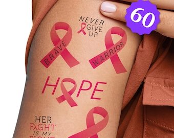Pink Ribbon Hope Temporary Tattoos - Breast Cancer Awareness Support Event Favors - 12 Sheets (60 Tattoos)