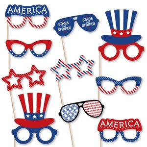 Patriotic Glasses - Photo Booth Accessories - Fun Selfie 4th of July - Card Stock Paper Photo Props Glasses - Memorial Day Props -10 Pc