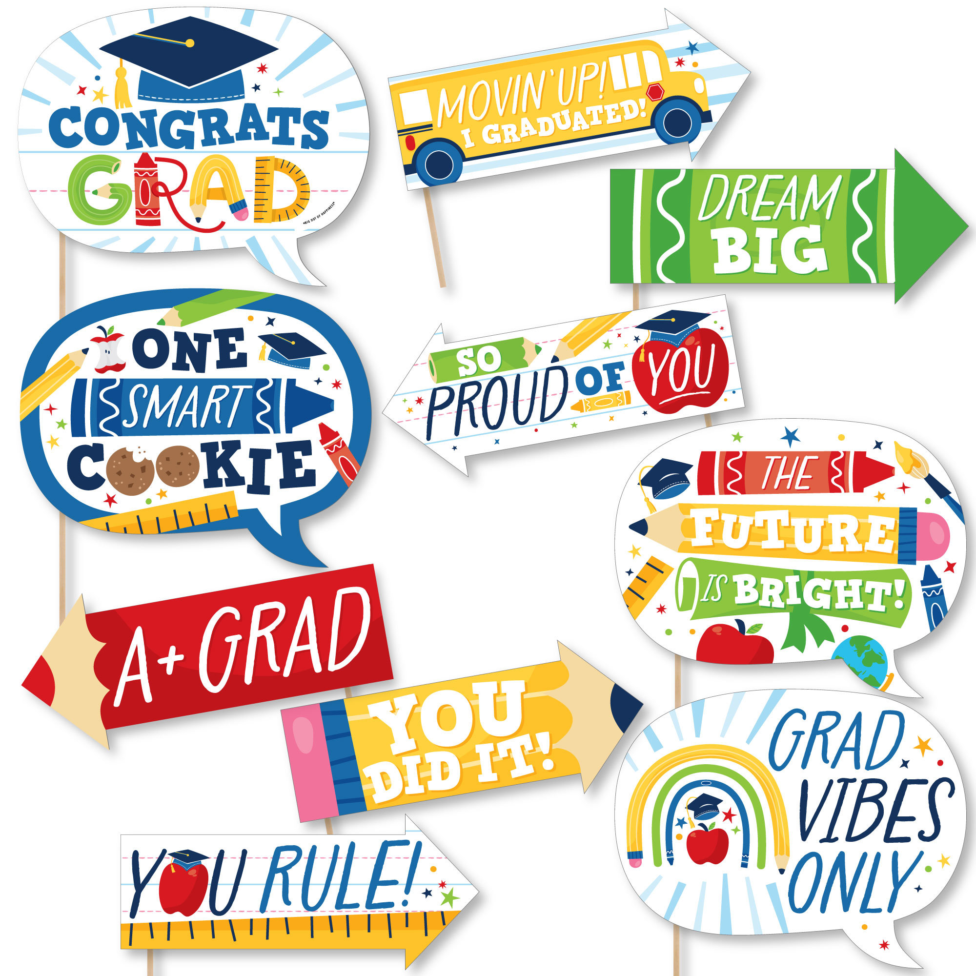 Funny Elementary Grad Kids Graduation Party Photo Booth Props Kit 10 Piece