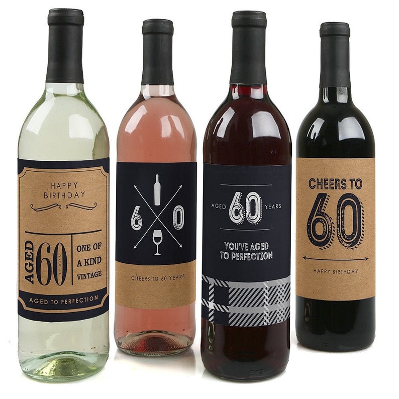 60th Milestone Birthday Birthday Gift for Men Wine Bottle Label Stickers Set of 4 image 1