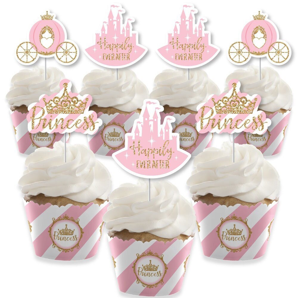 Little Princess Crown Cupcake Decoration Pink and Gold Baby Shower or Birthday Party Cupcake Wrappers and Treat Picks Kit Set