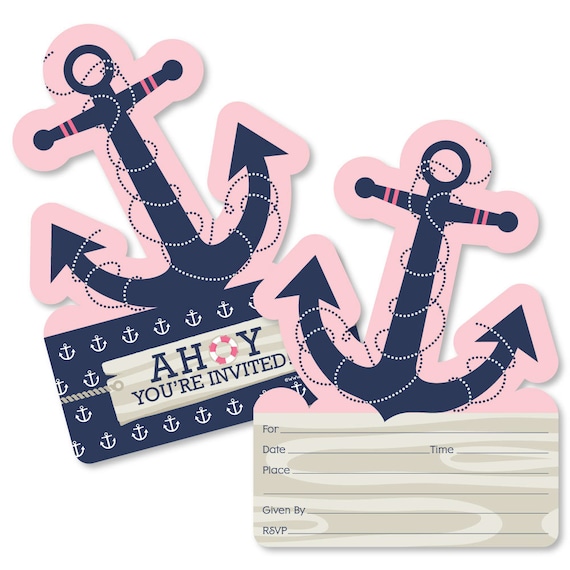 Ahoy - Nautical Girl - Shaped Fill-in Invitations - Anchor Shaped Invitation - Baby Shower or Birthday Party -12 Shaped Invites w/Envelopes Il_570xn