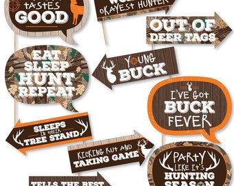 Funny Gone Hunting - Deer Hunting Camo Baby Shower or Birthday Party Photo Booth Props Kit - 10 Piece