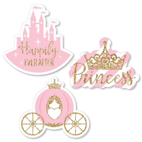 Little Princess Crown DIY Shaped Paper Cut Outs - Pink and Gold Party Small Die Cut Decor Kit - Princess Party Shapes -  24 pc