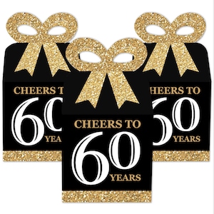 Adult 60th Birthday Gold Square Favor Gift Boxes Birthday Party Bow Boxes Set of 12 image 2