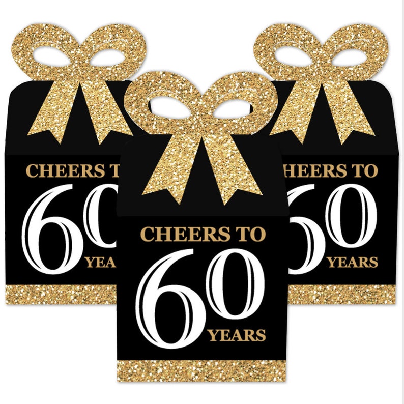 Adult 60th Birthday Gold Square Favor Gift Boxes Birthday Party Bow Boxes Set of 12 image 2