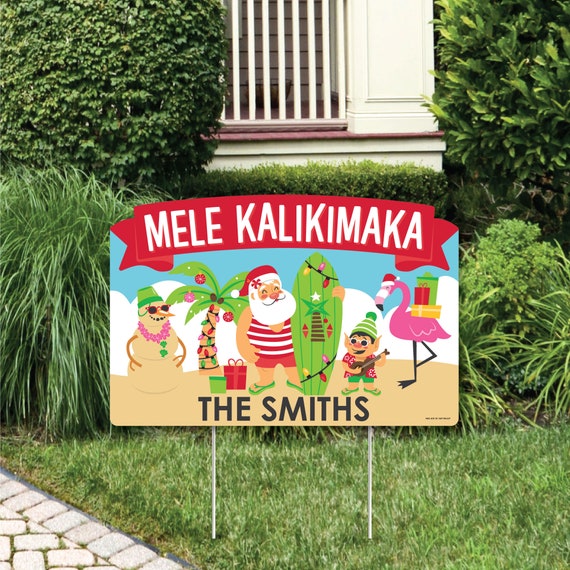 Tropical Christmas - Beach Santa Holiday Party Yard Sign Lawn Decorations - Personalized Mele Kalikimaka Party Yardy Sign Il_570xn