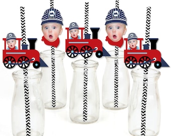 Custom Photo Railroad Party Crossing - Steam Train Birthday Party or Baby Shower Fun Face Paper Straw Decor - Set of 24