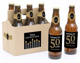 Adult 50th Birthday - Gold - Decorations for Women and Men - 6 Beer Bottle Labels & 1 Carrier - Birthday Gifts for Women and Men