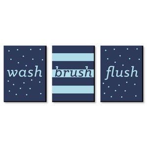 Boy - Blue and Navy - Kids Bathroom Rules Wall Art Décor - 7.5” x 10” Kids Wall Art - Bathroom Decor - Wash, Brush, Flush - Set of 3 Prints