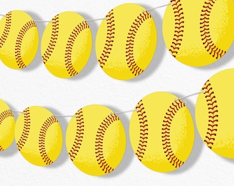 Fastpitch Softball Garland Banner, Sports Birthday Party or Baby Shower Decorations, 30 Feet of Cord, 15 Double-Sided Yellow Softballs