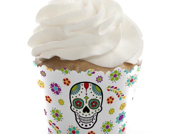 Day Of The Dead - Cupcake Wrappers - Halloween Sugar Skull Party Supplies - Dia de los Muertos Party Decorations - 12 Cupcake Liners