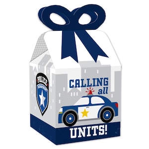 May include: Blue and gray favor boxes with a police car and star design. The boxes have a blue ribbon and say "Calling all units!"