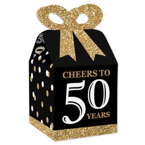 Adult 50th Birthday - Gold - Square Favor Gift Boxes - Birthday Party Bow Boxes - Set of 12