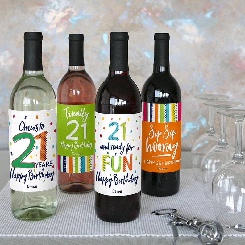21st Birthday Set of 4 Sticker Labels Wine Gifts Cheerful Happy Birthday Colorful Birthday Party Decorations for Women and Men