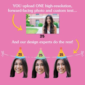 May include: A pink graphic with the text "YOU upload ONE high-resolution, forward-facing photo and custom text..." and "And our design experts do the rest!". The image includes a photo of a woman and three party hats with the number 25.