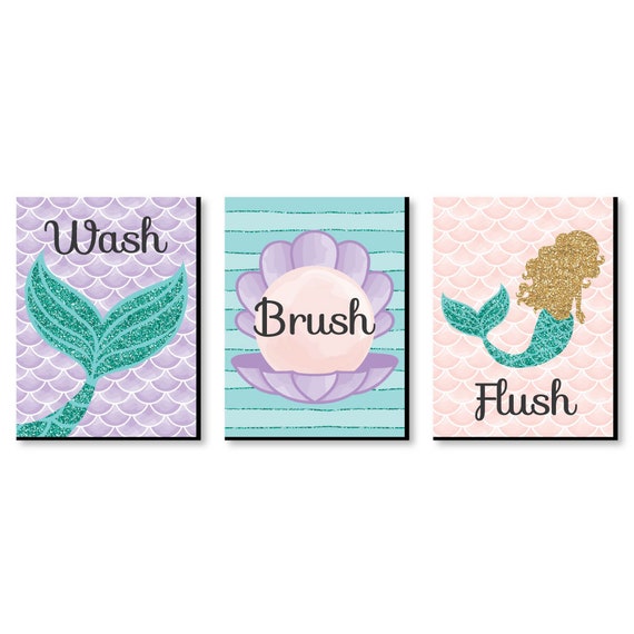 Let's Be Mermaids - Kids Bathroom Rules Wall Art Décor - 7.5” x 10” Kids Wall Art - Bathroom Decor - Wash, Brush, Flush - Set of 3 Prints Il_570xn