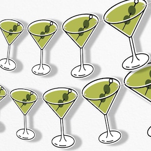 May include: A green and white string of martini glasses with olives, perfect for a party or celebration.