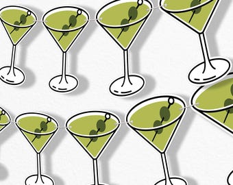 May include: A green and white string of martini glasses with olives, perfect for a party or celebration.
