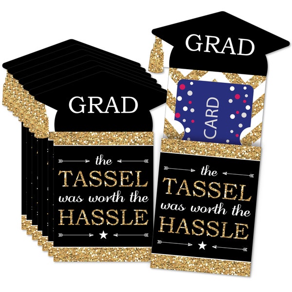 Tassel Worth The Hassle - Gold - Graduation Party Money and Gift Card Sleeves - Nifty Gifty Card Holders - Set of 8