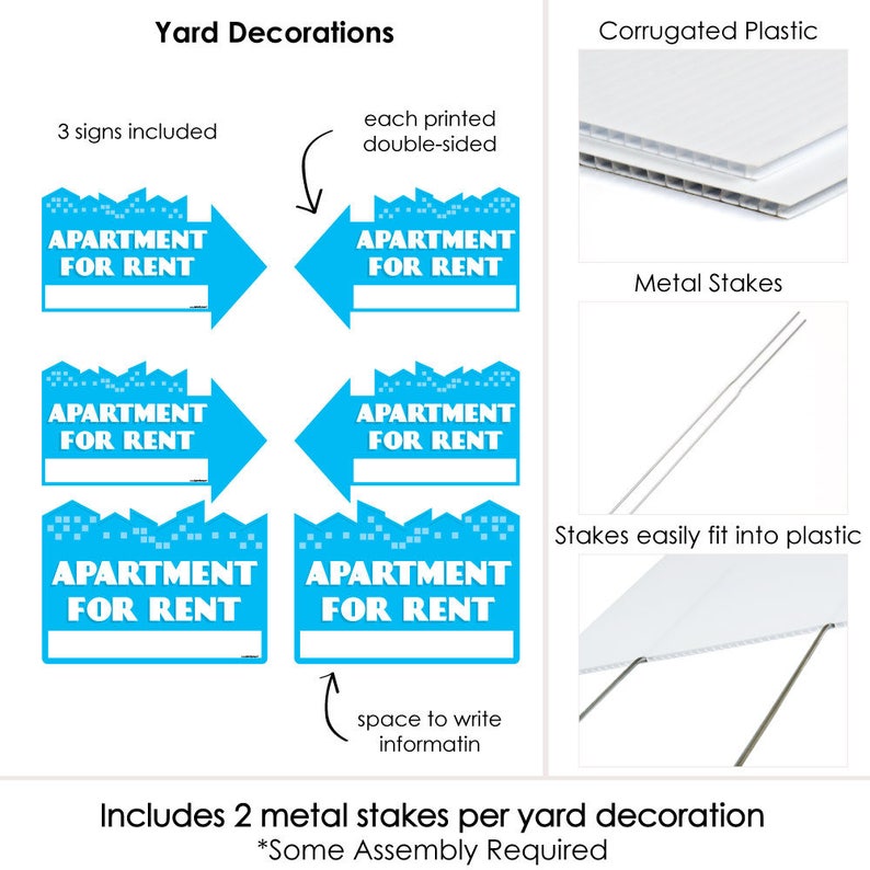 Set of 3 Apartment for Rent Weather Resistant Corrugated Plastic Sign Yard Sign with Stakes Double Sided Outdoor Lawn Sign