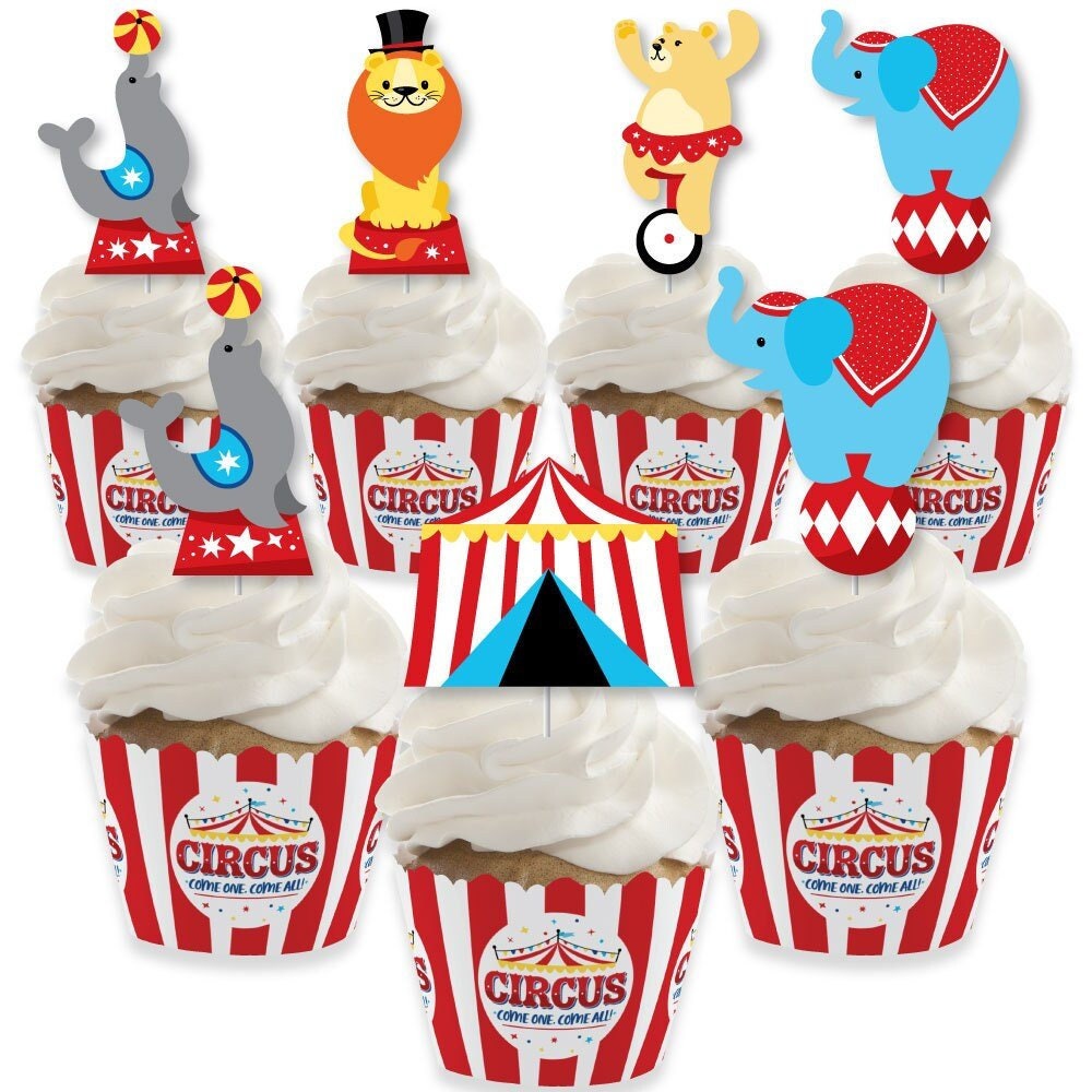 Carnival Step Right Up Circus Cupcake Decoration Carnival Themed Party Cupcake Wrappers and Treat Picks Kit Set of 24