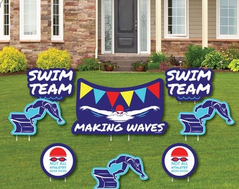 Making Waves - Swim Team - Shaped Lawn Decorations - Outdoor Yard Decorations - Swimming Lawn Ornaments - Swim Party Yard Signs - 8 Pc