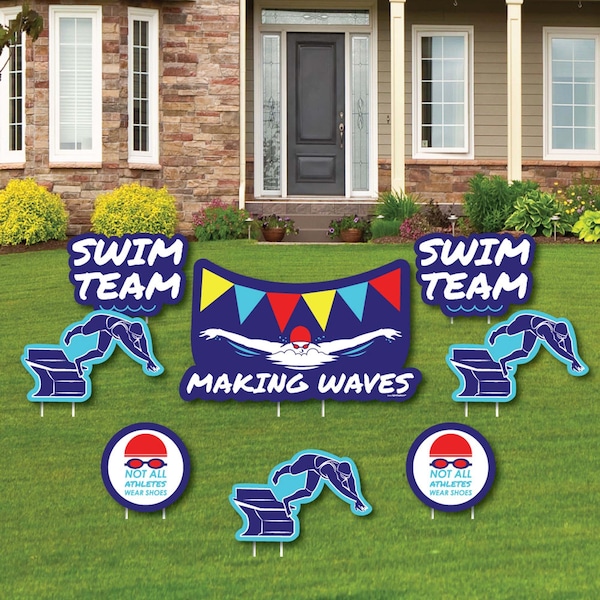 Making Waves - Swim Team - Shaped Lawn Decorations - Outdoor Yard Decorations - Swimming Lawn Ornaments - Swim Party Yard Signs - 8 Pc