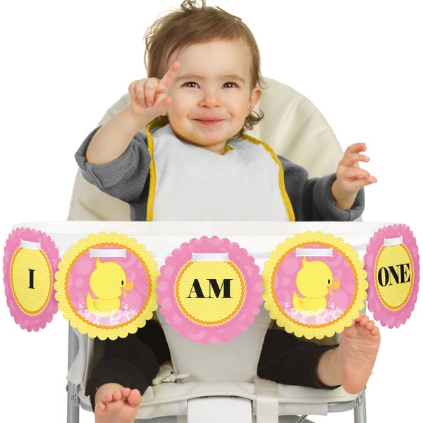 Duck - 1st Birthday - I Am One - First Birthday High Chair Banner - Pink Ducky Duck Girl First Birthday Party Decorations