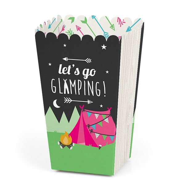 Let's Go Glamping - Camp Glamp Party or Birthday Party Favor Popcorn Treat Boxes - Set of 12