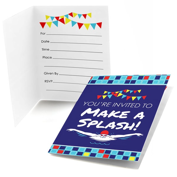 Making Waves - Swim Team - Fill In Invitations - Birthday Party Invitations - Swimming Party Invites - 8 Folding Note Cards w/Envelopes