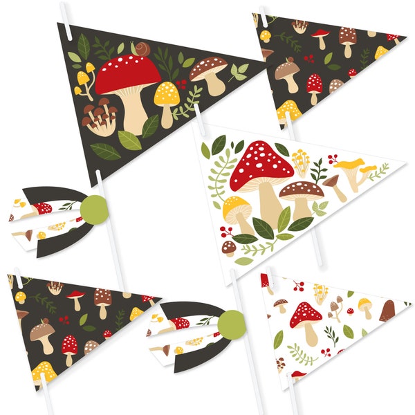 Wild Mushrooms - Triangle Red Toadstool Decor and Party Photo Props - Pennant Flag Centerpieces - Set of 20