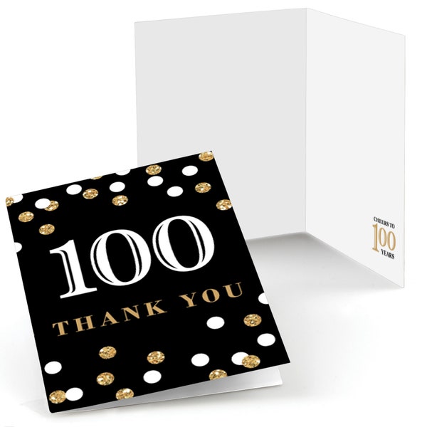 100th Birthday Thank You Cards - Adult 100th Birthday - Gold Thank You Cards - Birthday Party Thank You's - Set of 8 Folding Note Cards