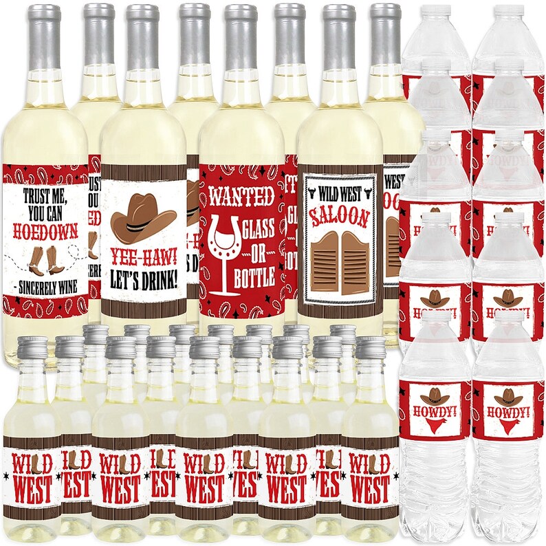 Western Hoedown Wine Bottle Labels and Water Bottle Labels Wild West Cowboy Party Decor Mini Wine Bottle Beverage Bar Kit 34 Pc