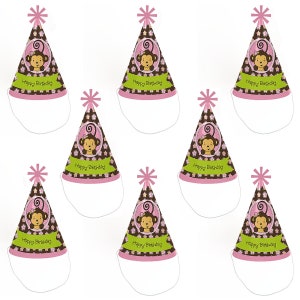 Pink Monkey Girl Birthday Party Cone Happy Birthday Party Hats for Kids and Adults Set of 8 Standard Size image 5