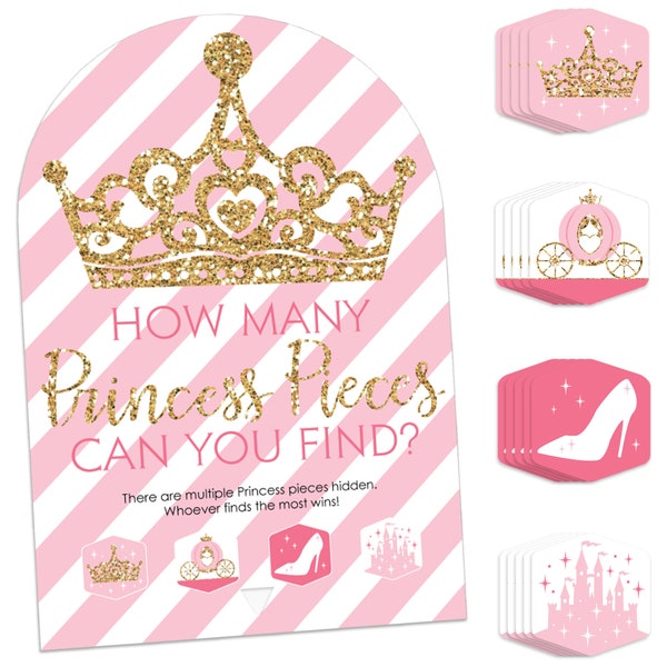 Little Princess Crown - Pink and Gold Princess Baby Shower or Birthday Party Scavenger Hunt - 1 Stand and 48 Game Pieces -Hide and Find Game