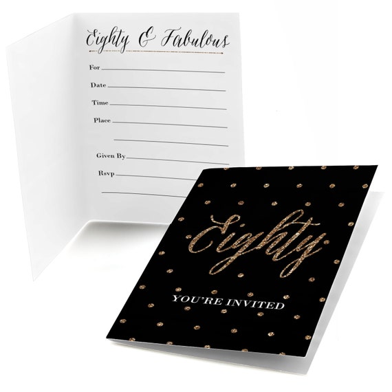 Black and Gold 80th Birthday Party Invitations 10 Cards with Envelopes