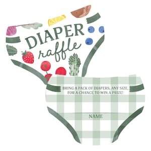 Locally Grown Baby Shower Diaper Raffle Game Cards, Farmers Market Party Activities, Diaper-Shaped Raffle Ticket Inserts - 24 Count