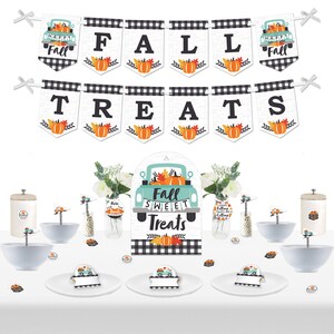 Happy Fall Truck - Carteles de dulces de otoño para fiesta de calabaza de cosecha DIY - Kit de decoración de snack bar - 50 piezas