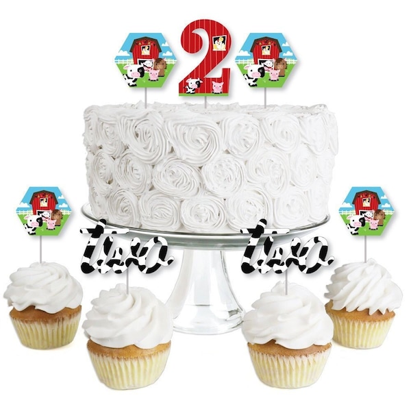 2nd Birthday Farm Animals - Dessert Cupcake Toppers - Barnyard Second Birthday Party Clear Treat Picks - Farm Animals Party - 24 Ct