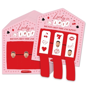 May include: A pink and red game board with the text "Lucky in Love" and "Devon Hit the Jackpot!"  The game board has three slots with images of a cherry, a diamond, a heart, a disco ball, a number seven, a pair of lips, and a bunch of bananas.  There are also two slots with a man's face.