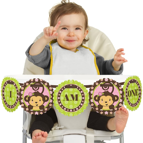 Pink Monkey Girl - 1st Birthday - I Am One - First Birthday High Chair Banner - First Birthday Party Decorations Il_570xn