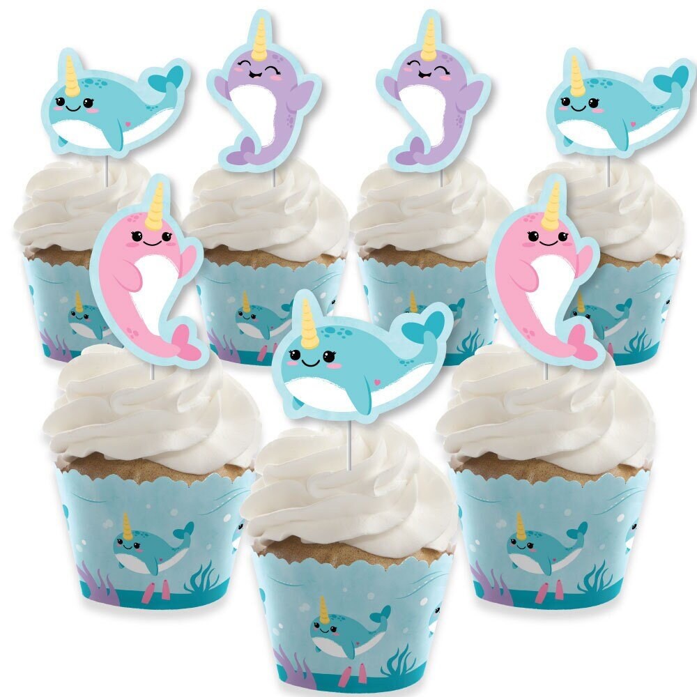 Narwhal Girl Cupcake Decoration Under The Sea Baby Shower or Birthday Party Cupcake Wrappers and Treat Picks Kit Set of 24
