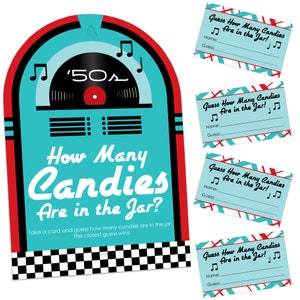 50s Sock Hop How Many Candies 1950s Rock N Roll Party Game 1 Stand and 40 Cards Candy Guessing Game image 1