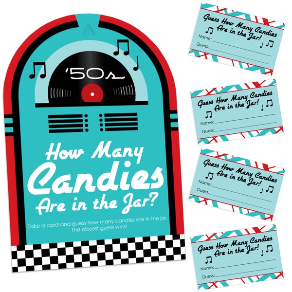 50’s Sock Hop - How Many Candies 1950s Rock N Roll Party Game - 1 Stand and 40 Cards - Candy Guessing Game