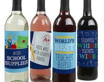 Funny Colorful - Teacher Appreciation First and Last Day of School Gift Decor for Women & Men - Christmas Wine Bottle Label Stickers - 4 pc