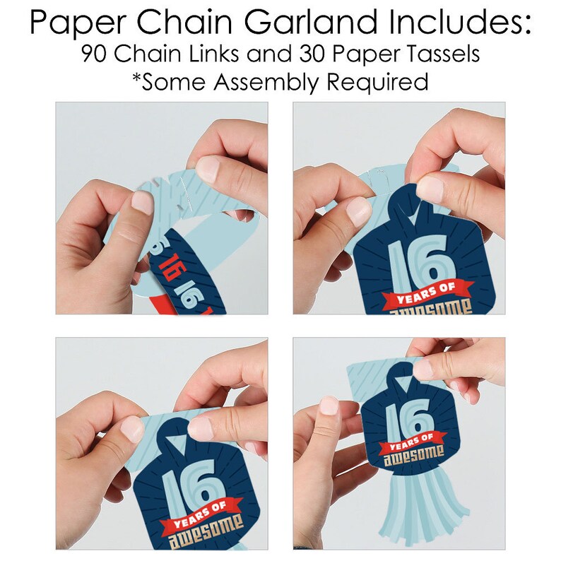 21 feet 90 Chain Links and 30 Paper Tassels Decoration Kit Boy 16th Birthday Sweet Sixteen Birthday Party Paper Chains Garland
