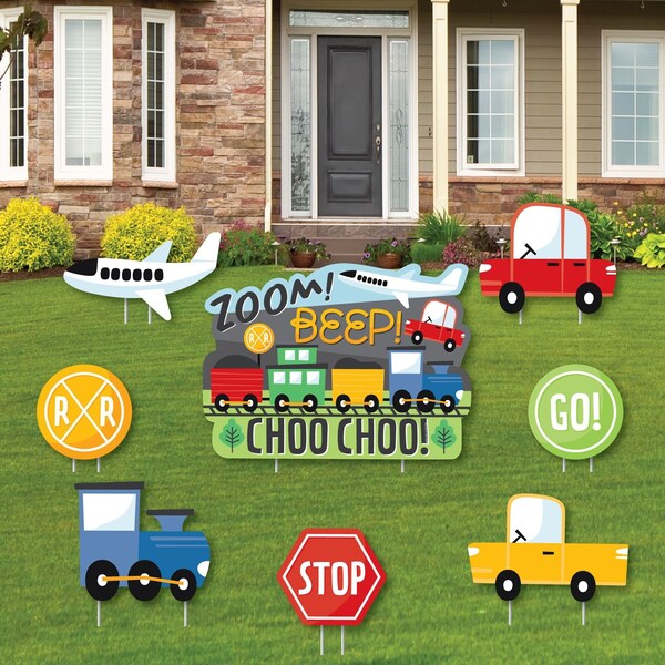 Cars, Trains, and Airplanes - Yard Sign and Outdoor Lawn Decorations - Transportation Birthday Party Yard Signs - Set of 8